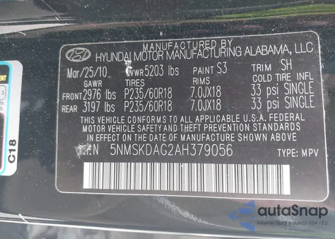 2010 Hyundai Santa Fe Limited V6 из США, поврежденный, VIN 5NMSKDAG2AH379056